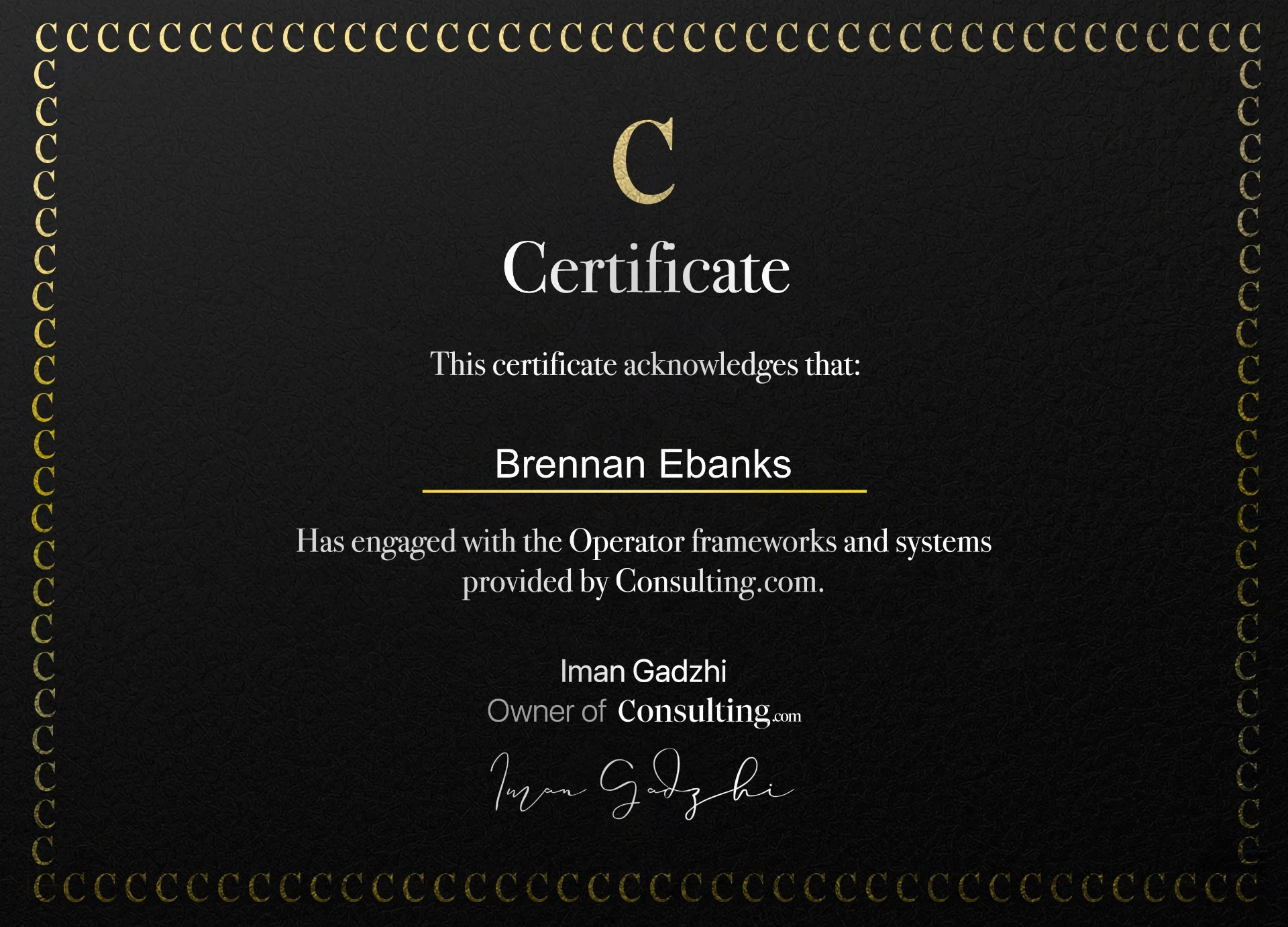 Consulting.com certificate issued to Brennan Ebanks